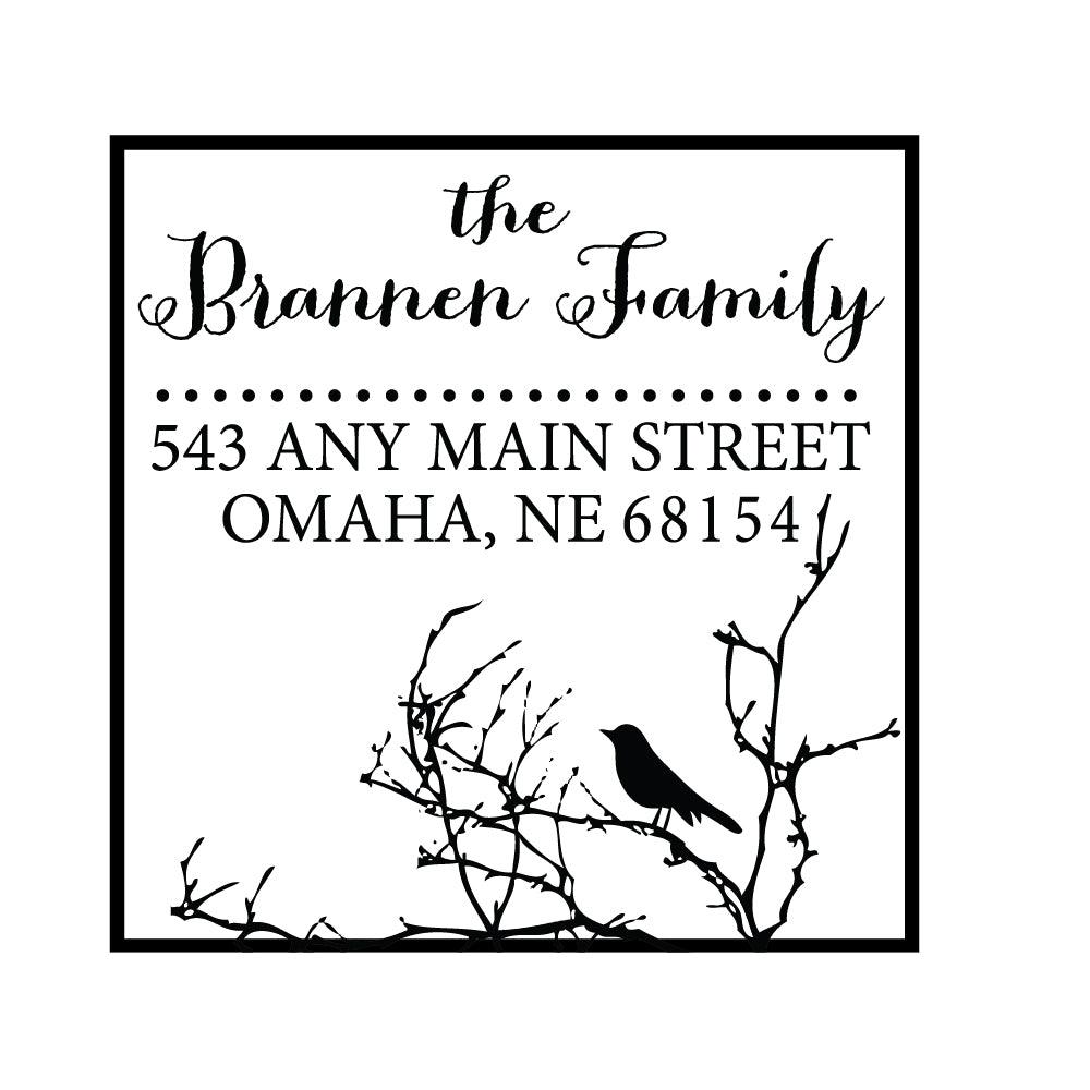 Bird Branch Address Personalized Custom Return Address Rubber or Self Inking Stamp Rustic Nature - Britt Lauren Stamps