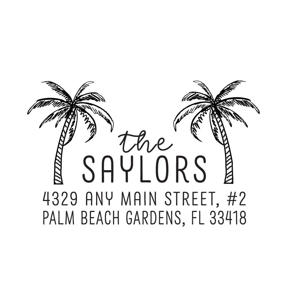 Two Palm Trees Address Personalized Custom Return Address Rubber Stamp or Self Inking Stamp Nautical Beach - Britt Lauren Stamps
