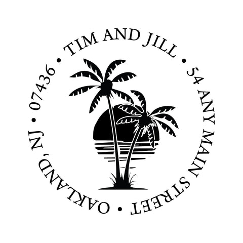 Palm Tree Sun Round Address Personalized Custom Return Address Rubber Stamp or Self Inking Stamp Nautical Beach