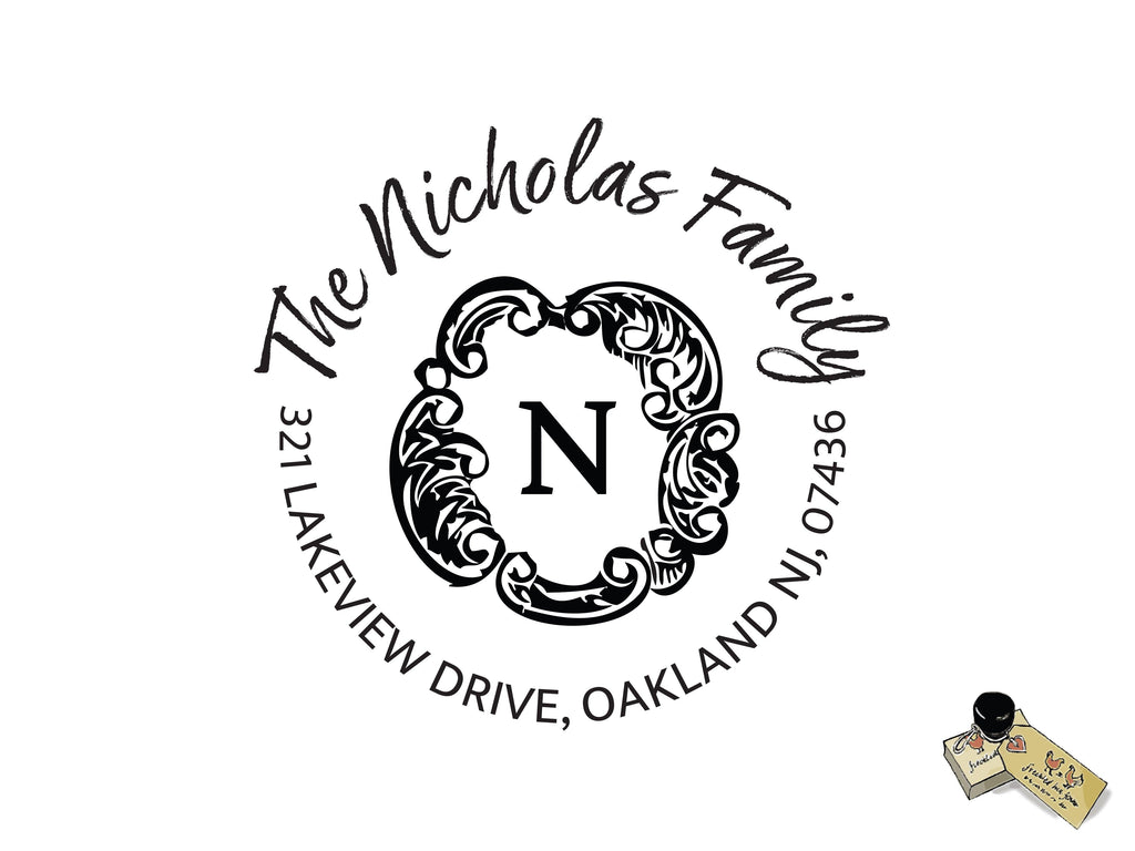 Crest Monogram Circle Round Address Personalized Custom Return Address Rubber Stamp or Self Inking Stamp