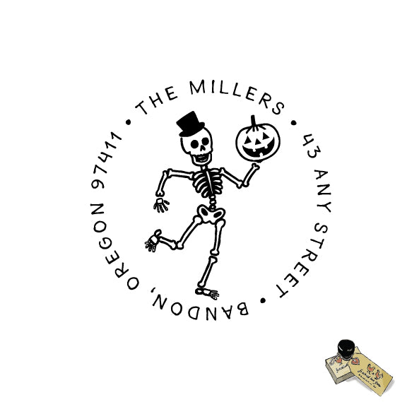 Dancing Skeleton Pumpkin Stamp, Return Address Personalized Custom, Rubber or Self Inking Stamp