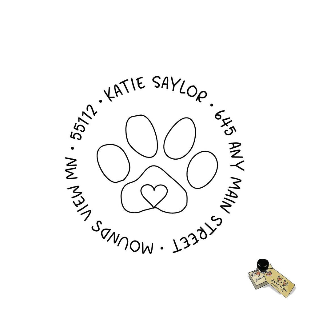 Paw Print Heart Address Stamp Personalized Custom Rubber or Self Inking Stamp - Pets