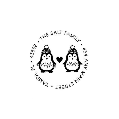 Penguins Winter Lights Stamp | Retun Address Personalized Custom | Rubber or Self Inking Christmas Holiday Gift