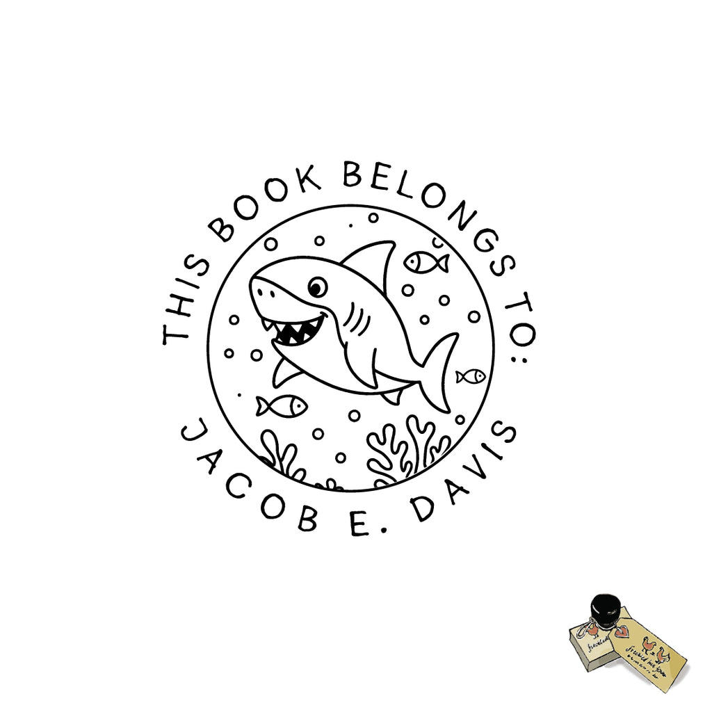 Shark Bookplate Stamp – Personalized “This Book Belongs To” Stamp for Kids – Ocean Theme Ex Libris Stamp – Custom Name Stamp for Books