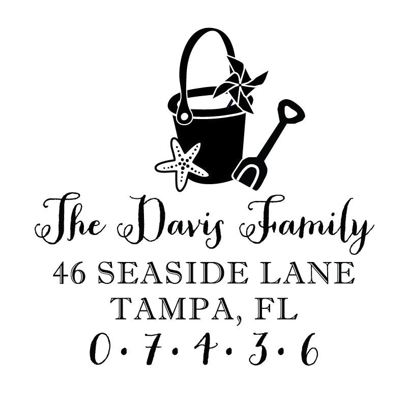 Beach Day Sand Bucket Address Personalized Custom Return Address Rubber Stamp or Self Inking Stamp Beach Pinwheel - Britt Lauren Stamps