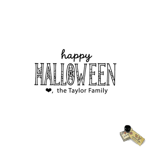 Happy Halloween Stamp with Spiderweb Letters – Personalized Family Rubber or Self-Inking Stamp