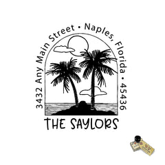 Sunset Palm Tree Stamp, Address Personalized Custom Return Rubber Stamp or Self Inking Stamp