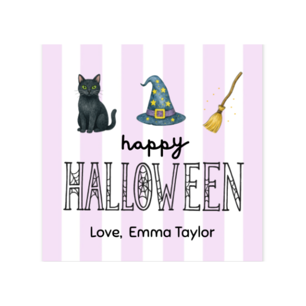 Halloween Gift Tag Black Cat, Witch Hat, Broom, Personalized Labels Stickers