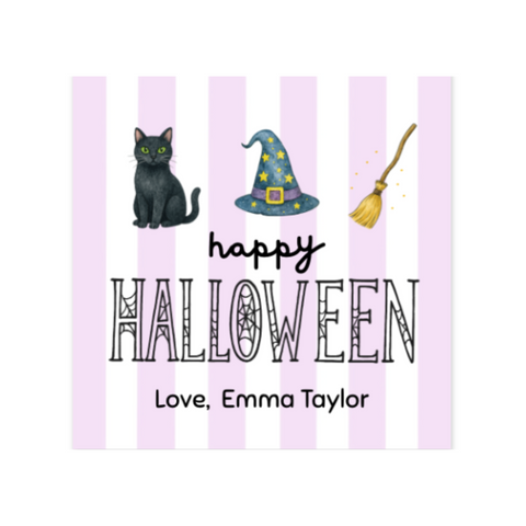 Halloween Gift Tag Black Cat, Witch Hat, Broom, Personalized Labels Stickers