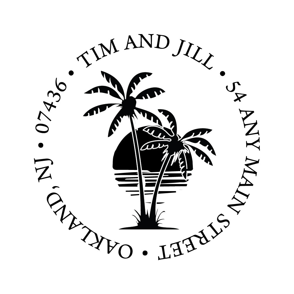 Palm Tree Sun Round Address Personalized Custom Return Address Rubber Stamp or Self Inking Stamp Nautical Beach - Britt Lauren Stamps