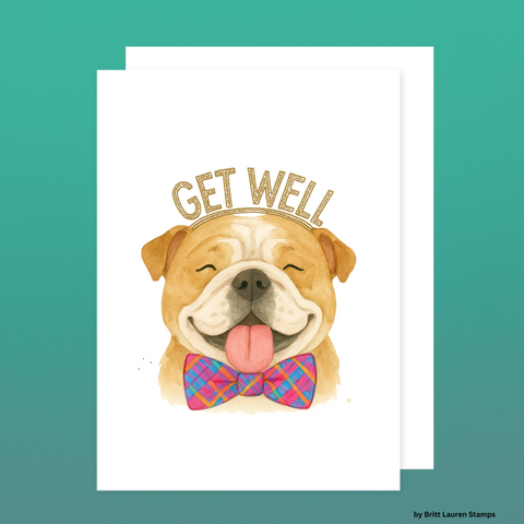 Get Well Dog Card – Cute Bulldog with Glitter Crown – A1 Greeting Card Blank Inside – Cheer Up Card for Friends, Family, Pet Lovers