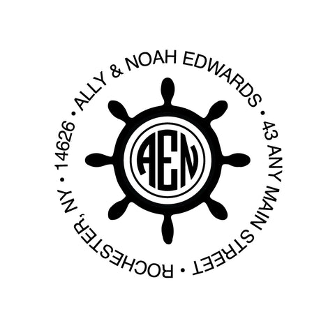 Ship Wheel Monogram Circle Initial Personalized Custom Return Address Rubber Stamp or Self Inking Stamp Nautical