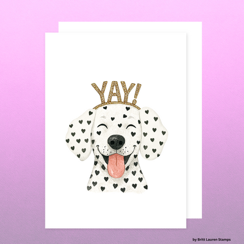 Dalmatian Yay Card – Dog Lover Greeting Card, Celebration Congrats A1 Size with Gold Glitter