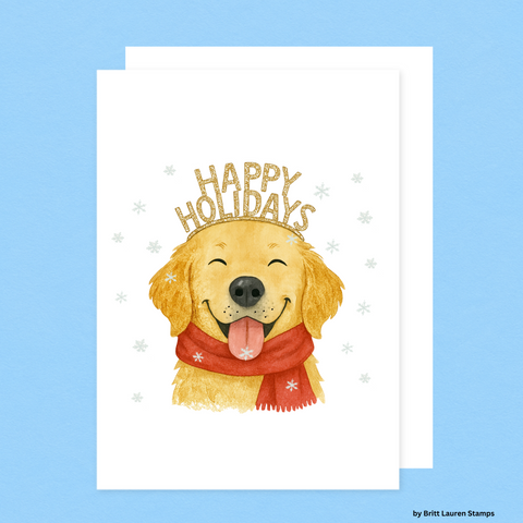 Golden Retriever Happy Holidays Card – Dog Lover Christmas Greeting with Glitter Crown
