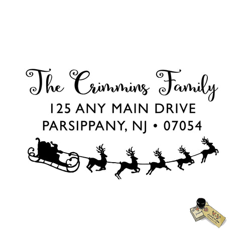 Santa Sleigh Stamp | Retun Address Personalized Custom | Rubber or Self Inking Christmas Holiday Cards