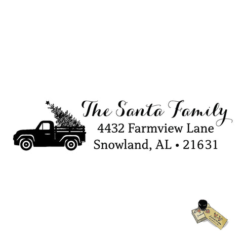 Santa Truck Farm Christmas Tree Stamp | Retun Address Personalized Custom | Rubber or Self Inking Stamp