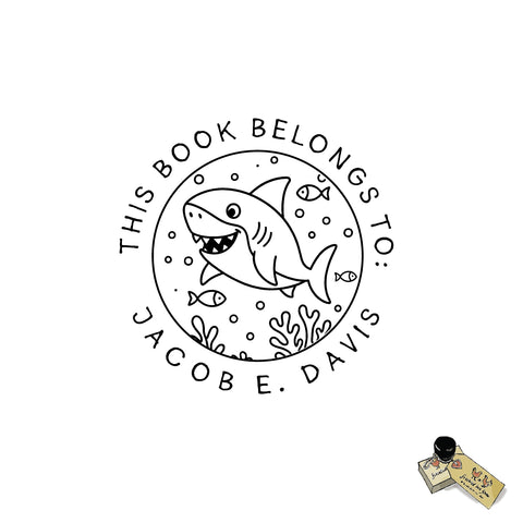 Shark Bookplate Stamp – Personalized “This Book Belongs To” Stamp for Kids – Ocean Theme Ex Libris Stamp – Custom Name Stamp for Books