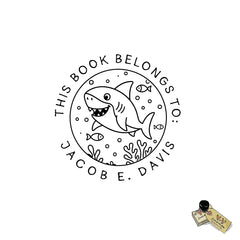 Shark Bookplate Stamp – Personalized “This Book Belongs To” Stamp for Kids – Ocean Theme Ex Libris Stamp – Custom Name Stamp for Books