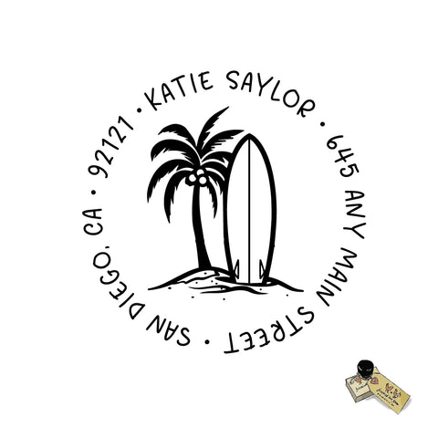 Surf Board Address Personalized Custom Return Address Rubber Stamp or Self Inking Stamp Beach