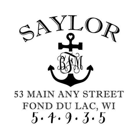 Anchor Monogram Nautical Address Personalized Custom Return Address Rubber Stamp or Self Inking Stamp Anchor Beach